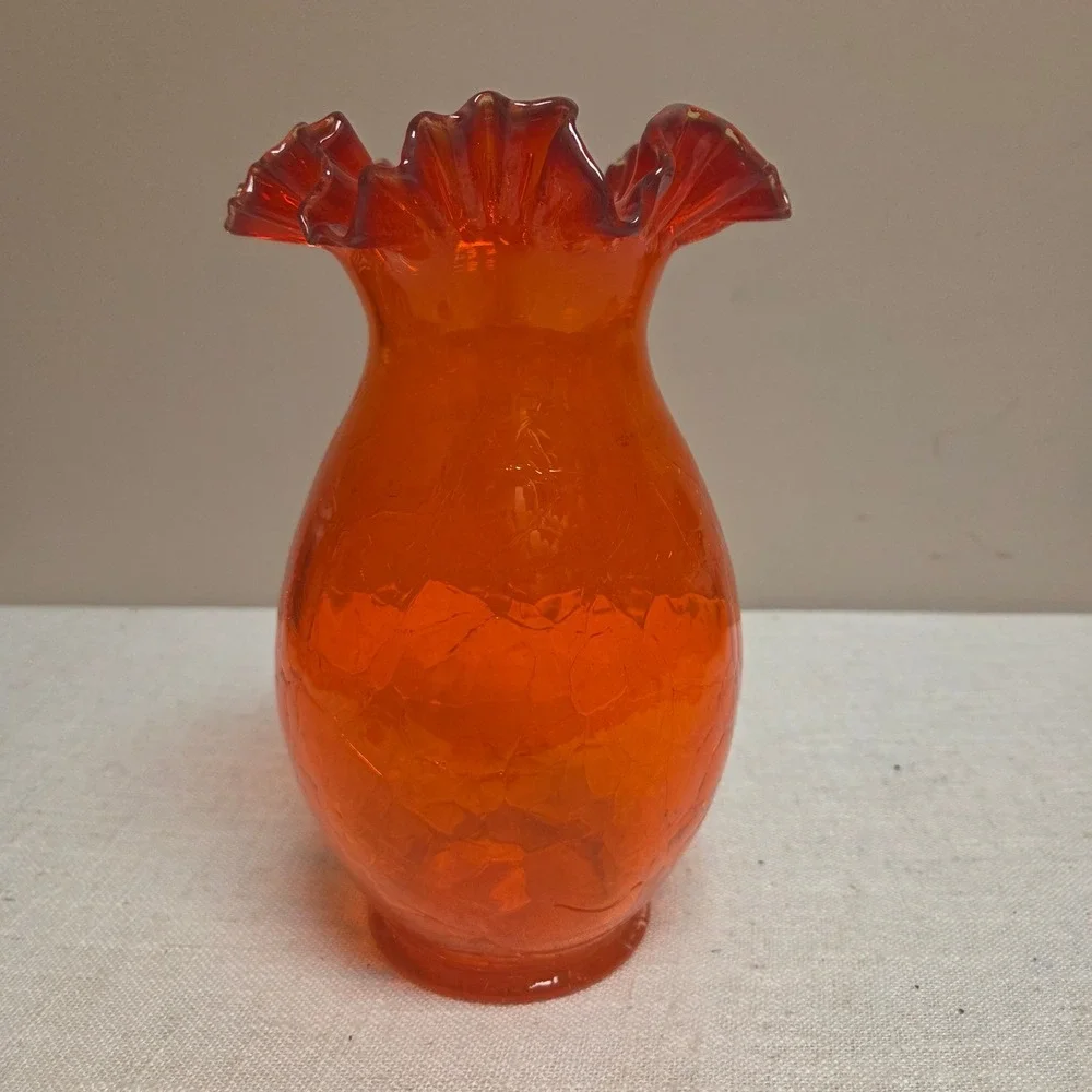 Vintage Orange Crackle Glass Vase Ruffled Rim Mid Century Modern Art Glass
